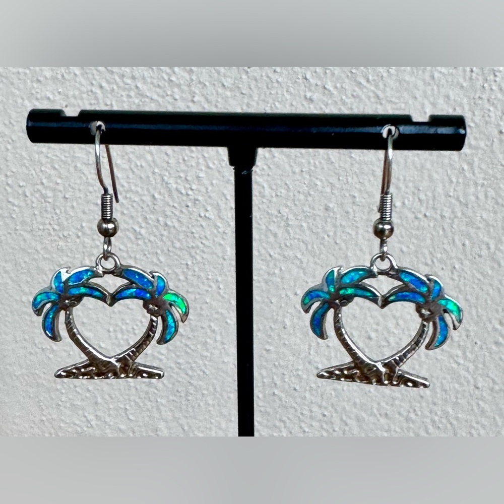 925 Sterling Silver Blue Opal Heart/Palm Tree Shape Dangle Earrings French Wire - Picture 2 of 10